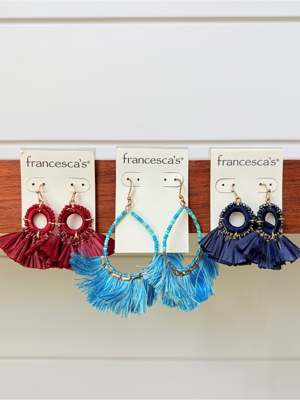 New Francesca's Bohemian Tassel Beaded Teardrop Earrings Hoops 3 Pairs Set Party